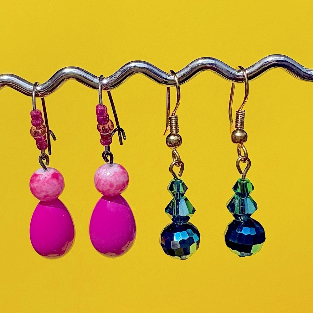 Earrings Pierced Handcrafted Unique Design Pink Glass Beads & Turquoise Facetted